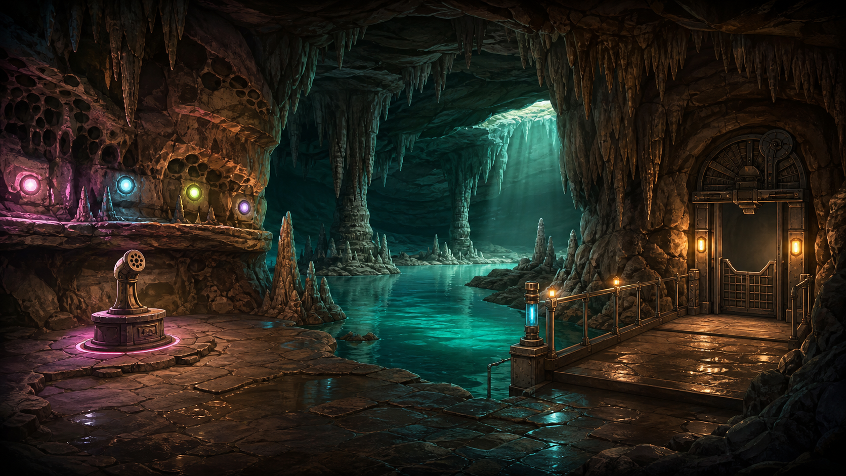 Camuy Cavern room background with an underground river, echo shelf, and cavern lift