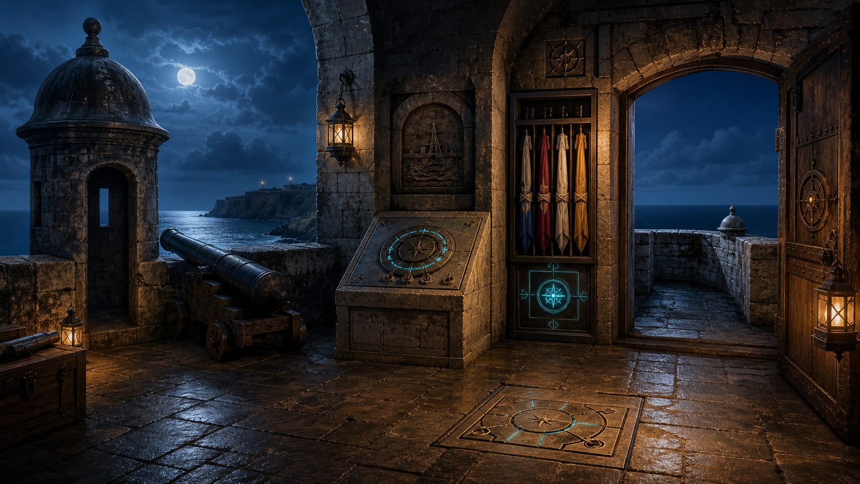 El Morro Watch room background with a sea-facing fort wall, sentry post, and signal door