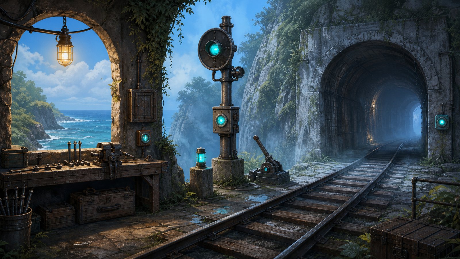 Guajataca Rail room background with a cliffside rail path, signal post, and tunnel mouth