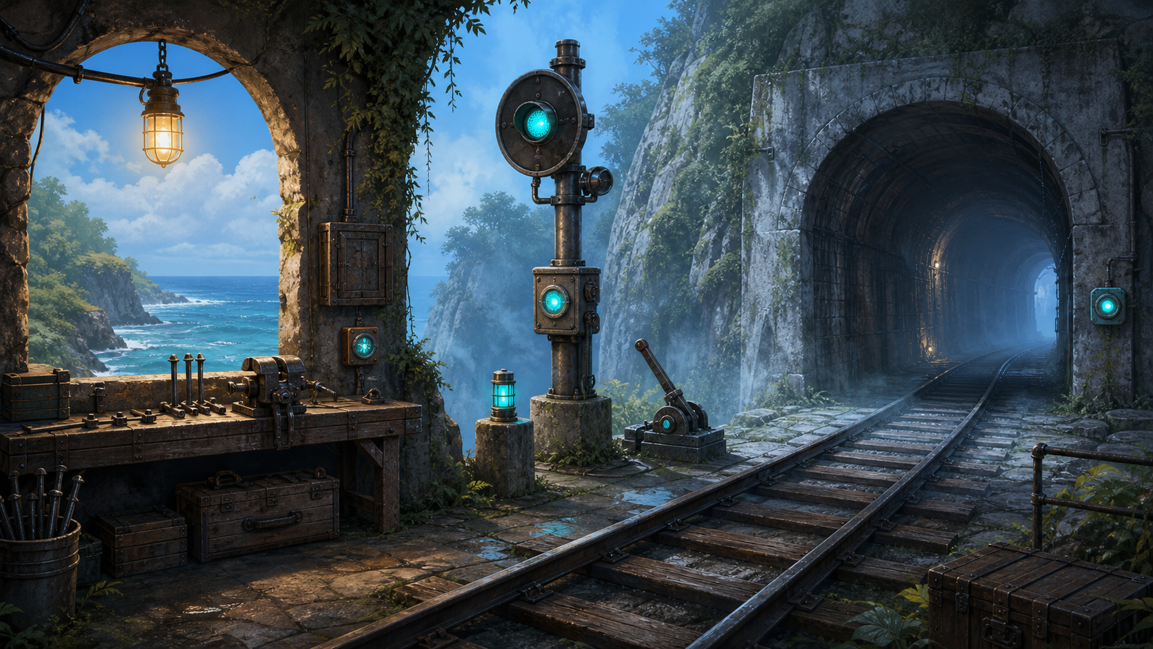 Guajataca Rail room background with a cliffside rail path, signal post, and tunnel mouth