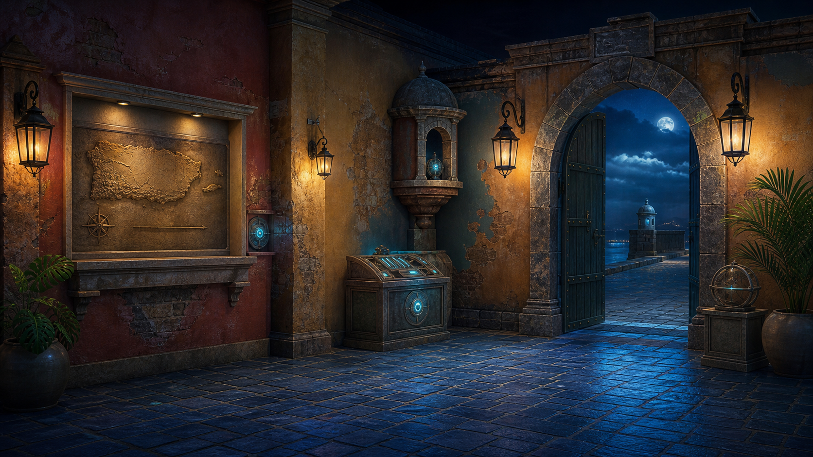 Old San Juan Gate room background with blue cobblestones, colonial walls, and a city gate