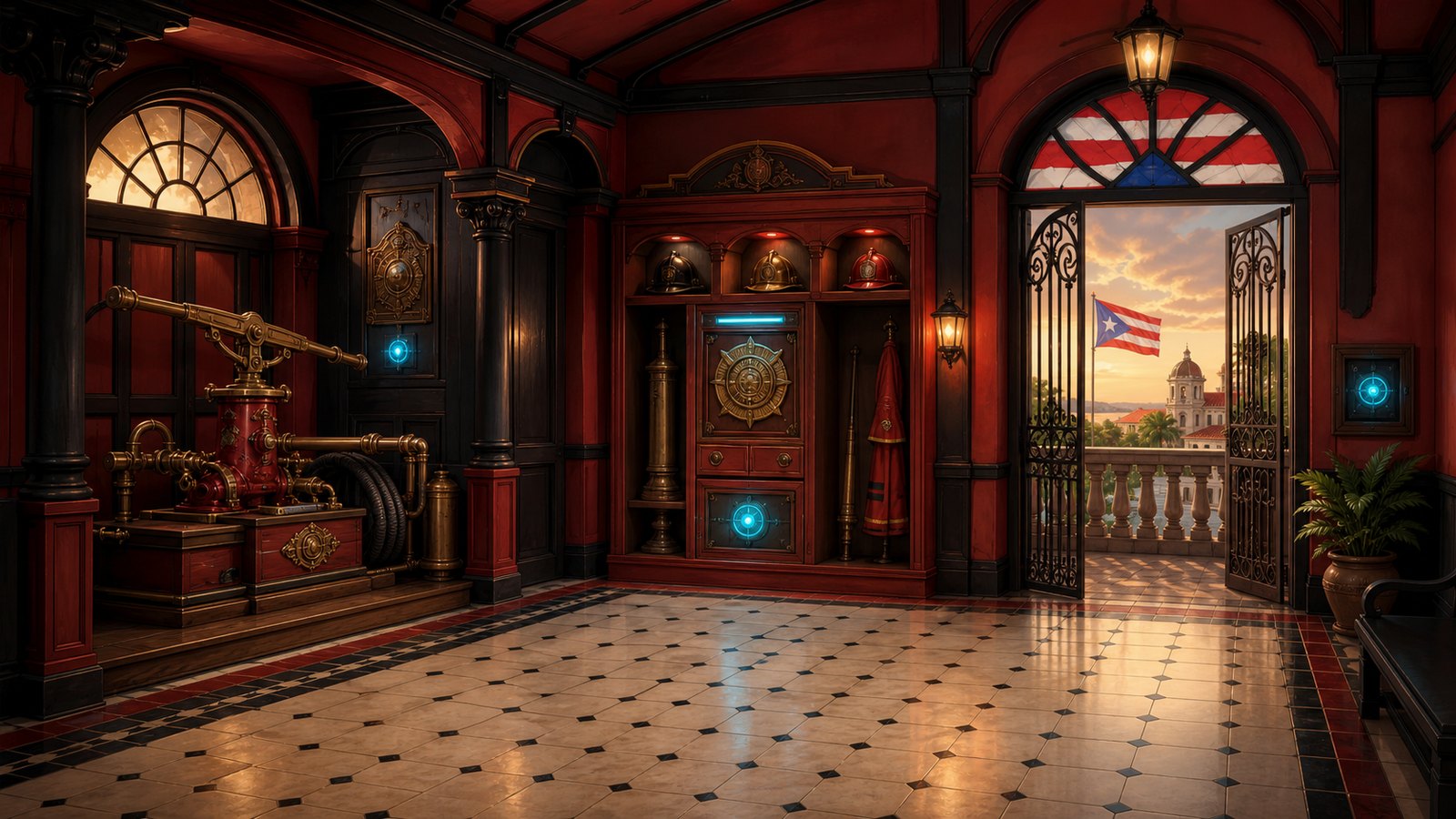Ponce Firehouse room background with red and black pump room details and a balcony exit