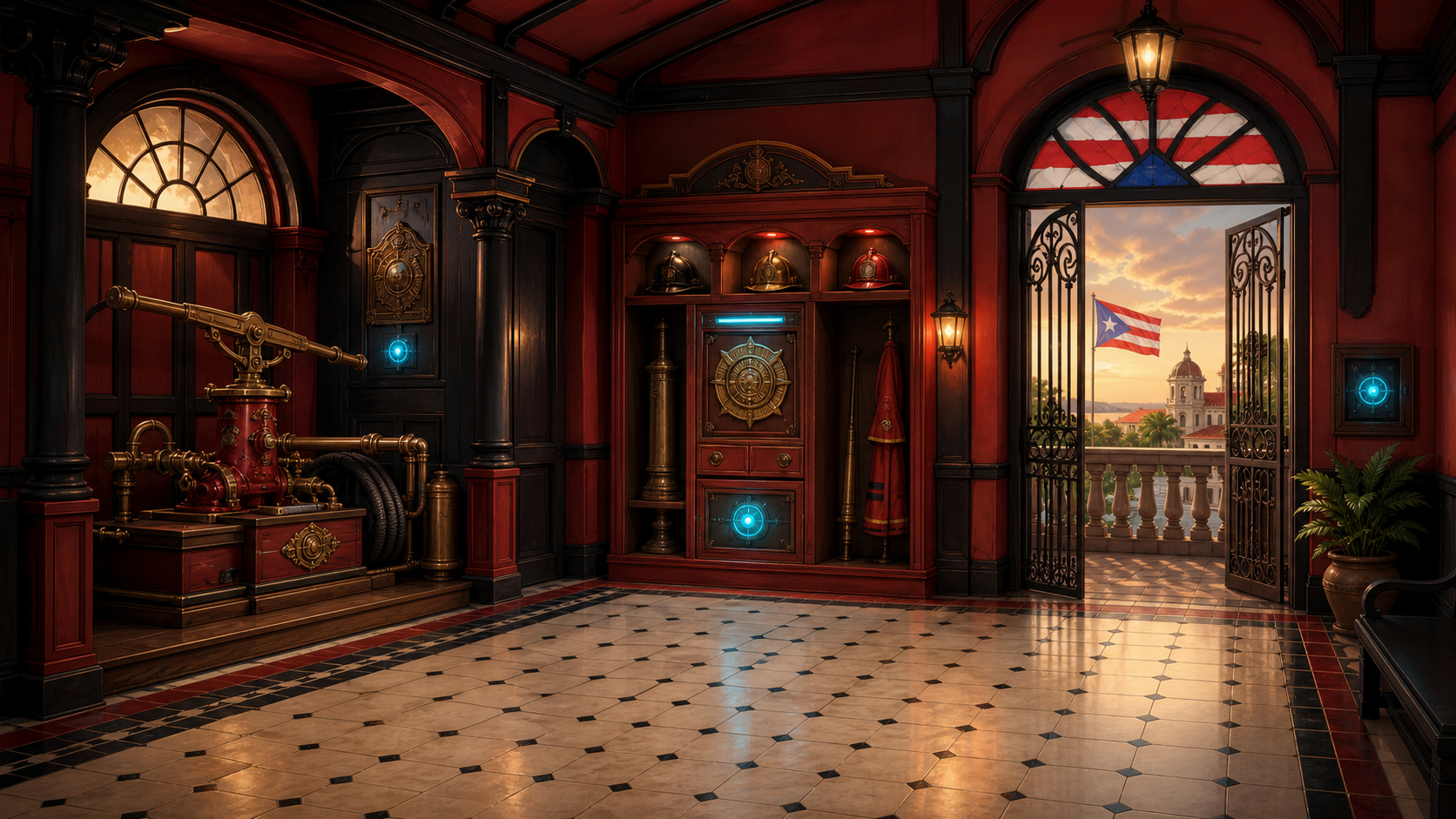 Ponce Firehouse room background with red and black pump room details and a balcony exit