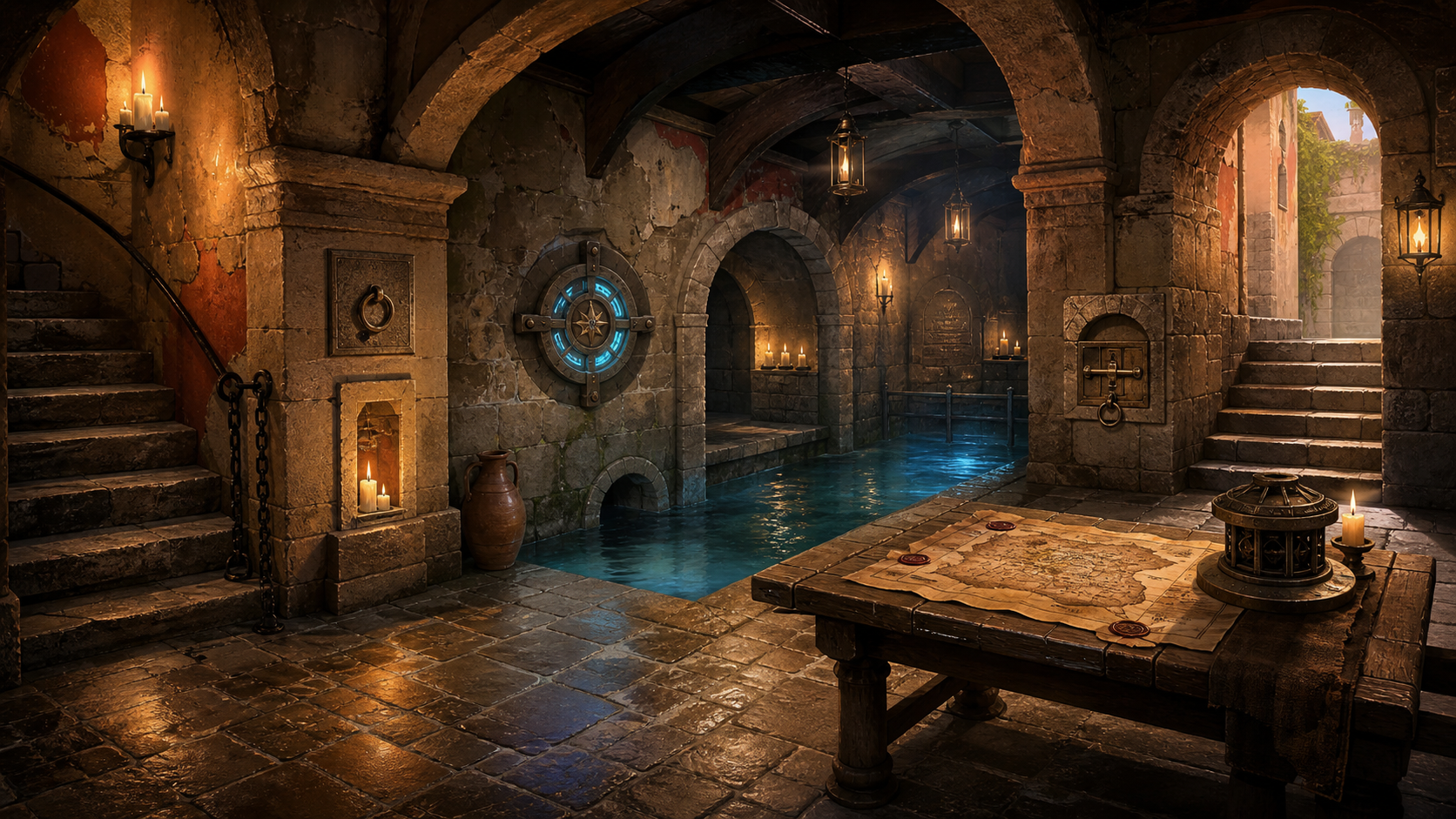 San German Tunnels room background with candlelit stone passages and an arched exit