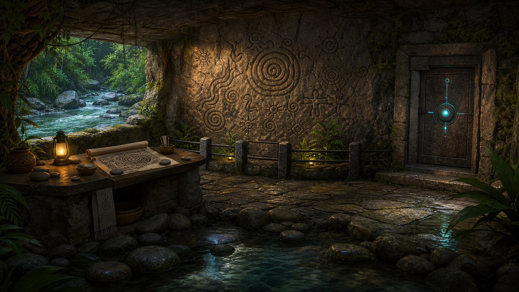 Utuado Petroglyphs room background with a riverside carved wall and protected stone door