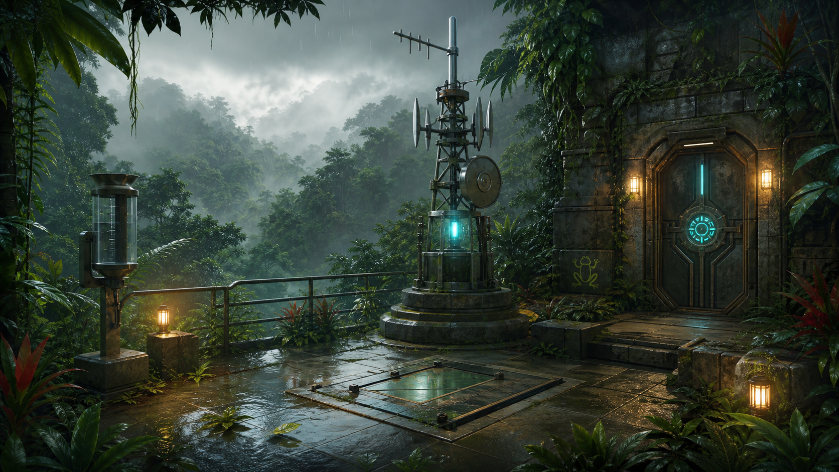 Yunque Signal room background with rainforest rain gauge, forest tower, and signal door
