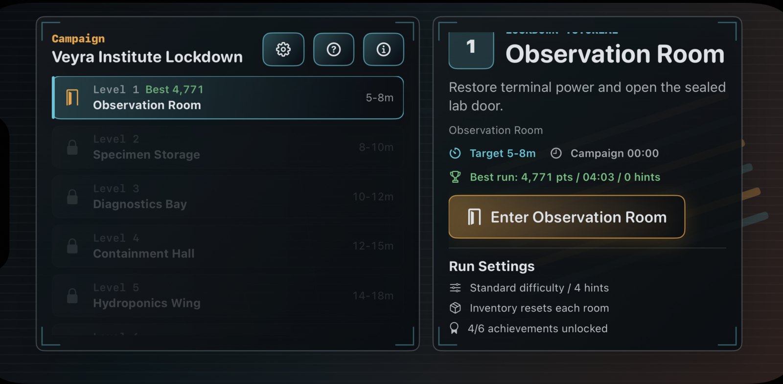 Level select screen for Dangiom Research Facility Lockdown showing Observation Room details, run settings, and best run stats
