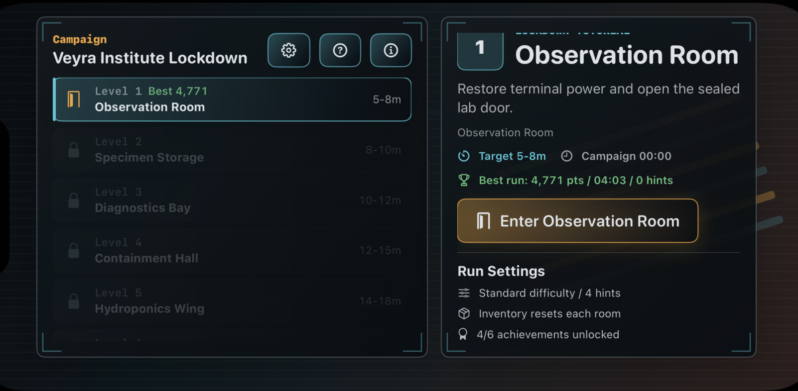 Level select screen for Dangiom Research Facility Lockdown showing Observation Room details, run settings, and best run stats