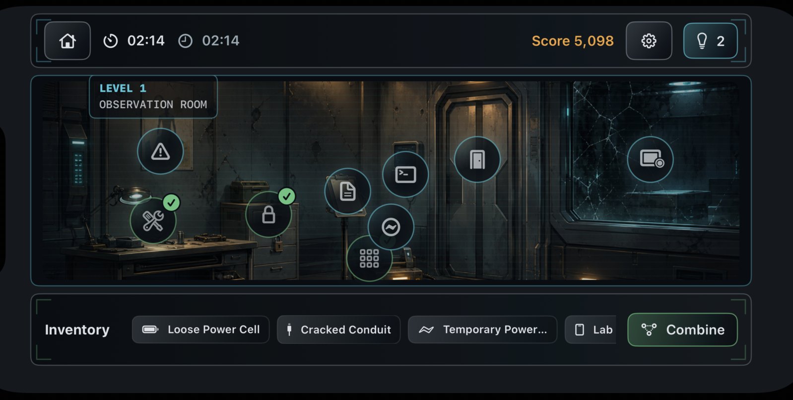 Observation Room gameplay screen showing hotspots, inventory, timer, score, settings, and hint controls