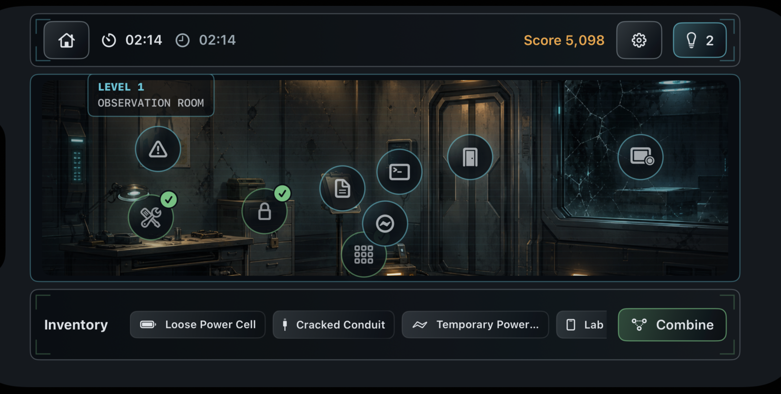 Observation Room gameplay screen showing hotspots, inventory, timer, score, settings, and hint controls