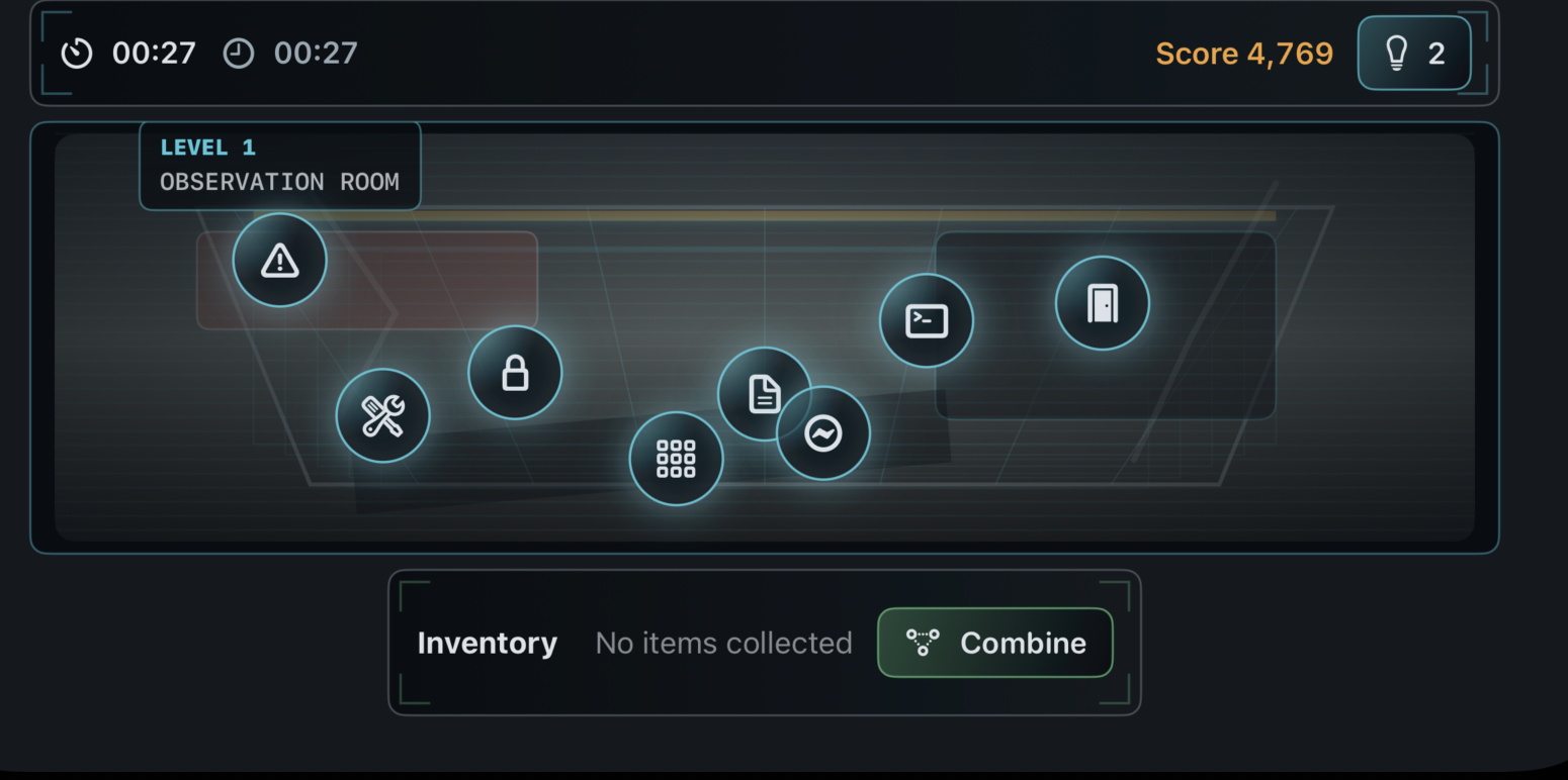 Observation Room gameplay screen with timers, score, hotspots, and inventory