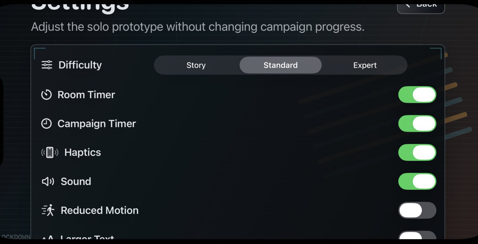 Settings screen with difficulty, timer, haptics, sound, reduced motion, and text options