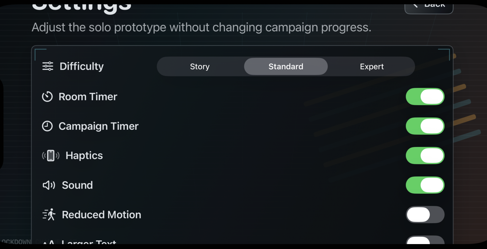 Settings screen with difficulty, timers, haptics, sound, motion, and text options