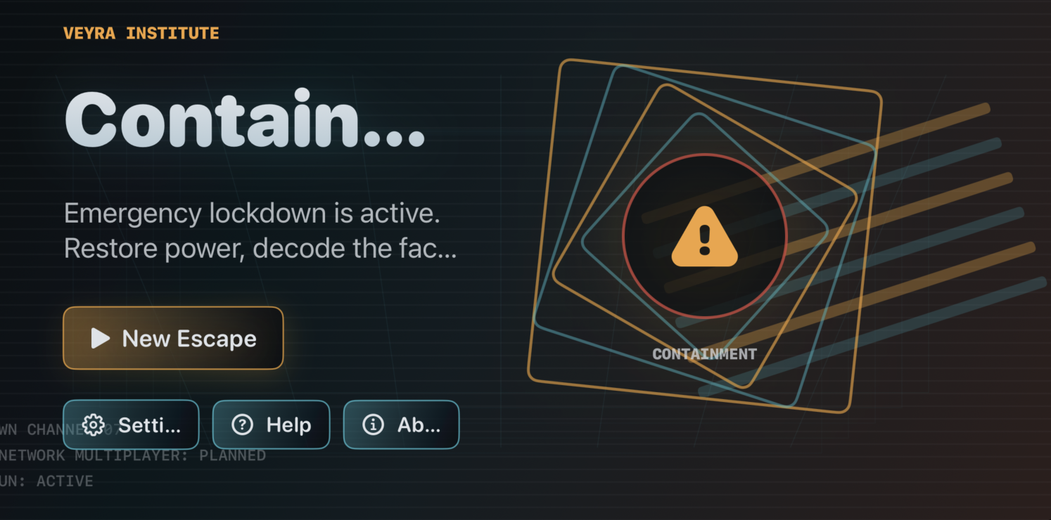Containment Protocol title screen with lockdown sigil and New Escape button